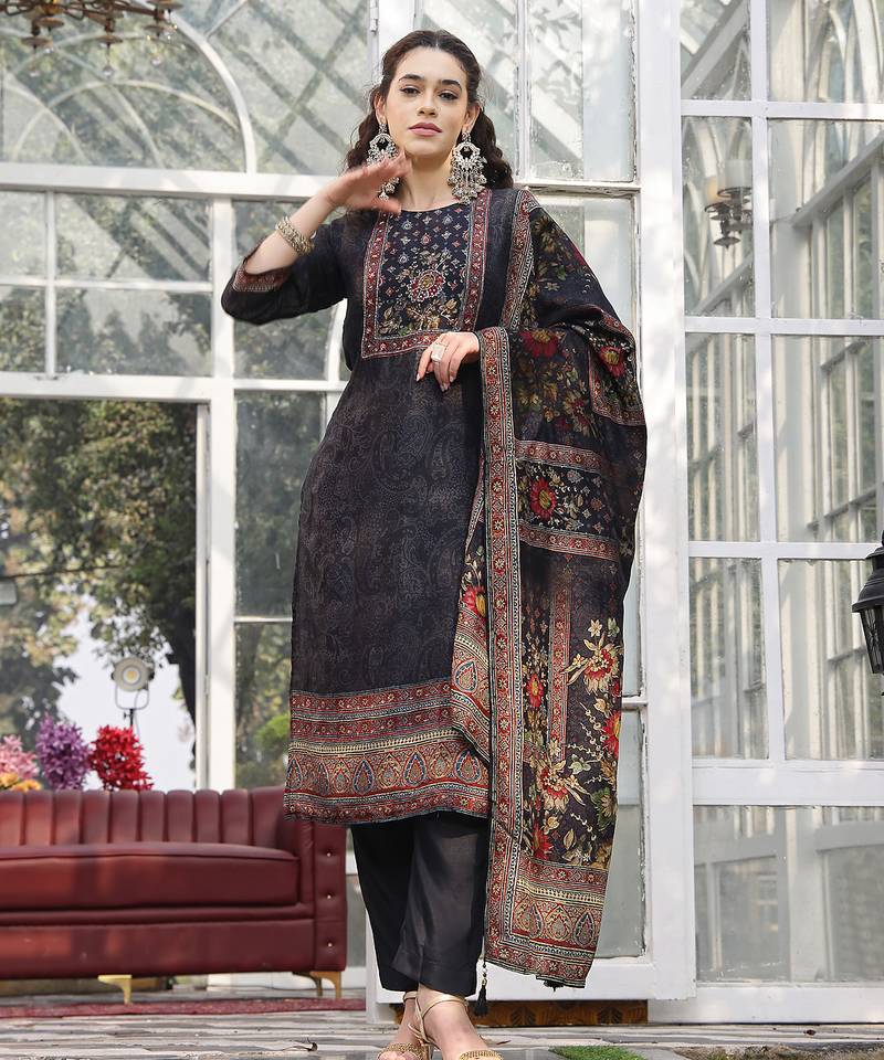 pure russian silk black kurta dupatta pant set