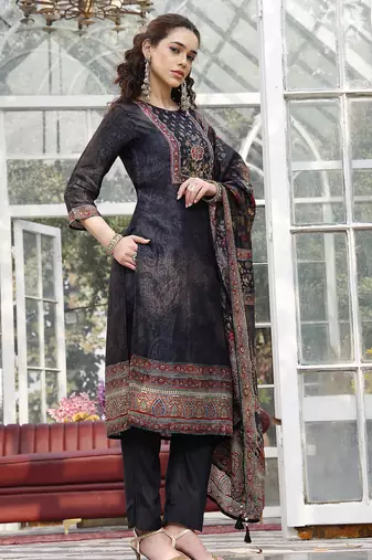 pure russian silk black kurta dupatta pant set