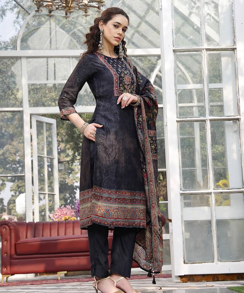 pure russian silk black kurta dupatta pant set