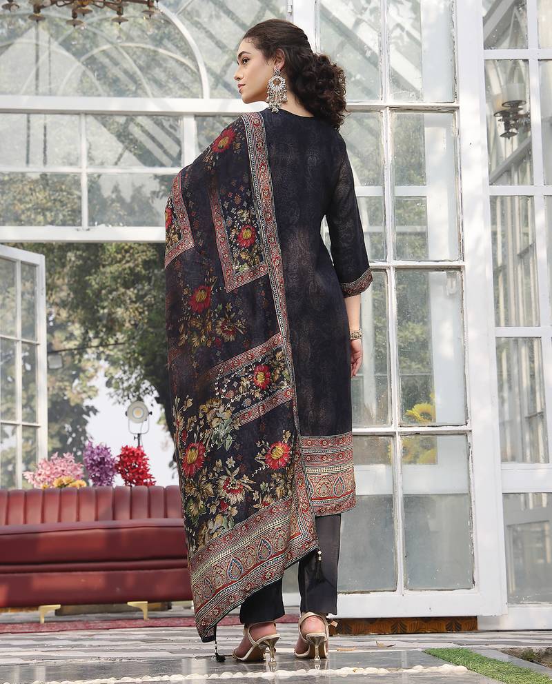 pure russian silk black kurta dupatta pant set
