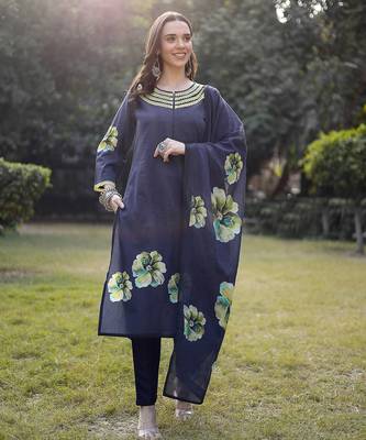 navy blue cotton straight pakistani kurta trouser dupatta set 1