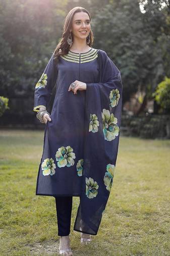 navy blue cotton straight pakistani kurta trouser dupatta set