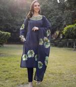 navy blue cotton straight pakistani kurta trouser dupatta set