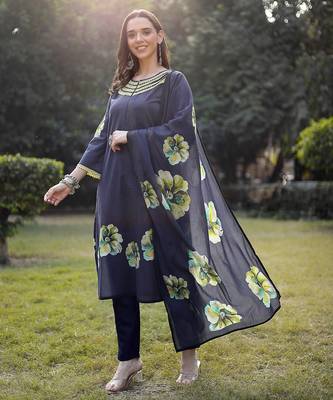 navy blue cotton straight pakistani kurta trouser dupatta set 2