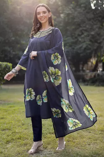 navy blue cotton straight pakistani kurta trouser dupatta set