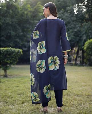 navy blue cotton straight pakistani kurta trouser dupatta set 3