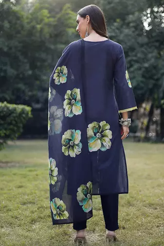 navy blue cotton straight pakistani kurta trouser dupatta set