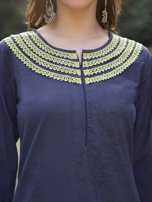 navy blue cotton straight pakistani kurta trouser dupatta set 4