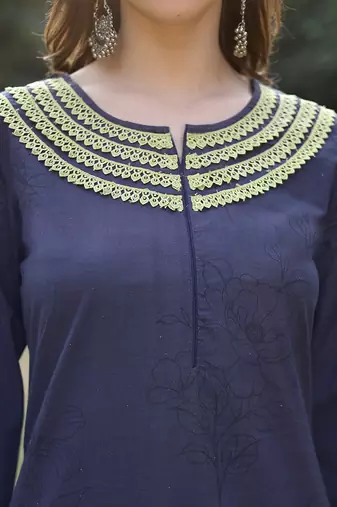 navy blue cotton straight pakistani kurta trouser dupatta set