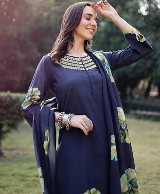 navy blue cotton straight pakistani kurta trouser dupatta set 5
