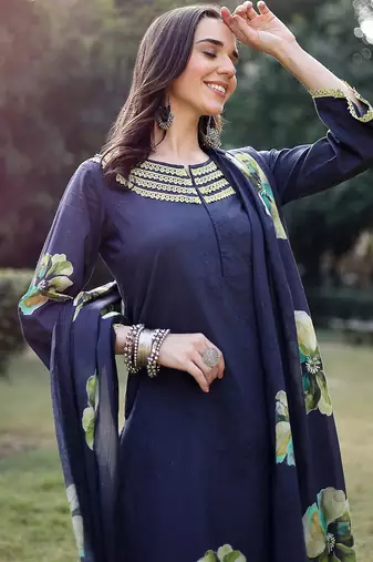 navy blue cotton straight pakistani kurta trouser dupatta set
