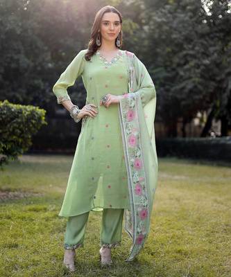 pista green resham embroidery a-line chanderi silk kurta trouser dupatta set 1