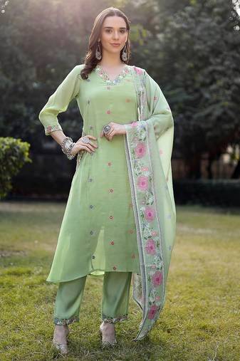 pista green resham embroidery a-line chanderi silk kurta trouser dupatta set