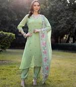 pista green resham embroidery a-line chanderi silk kurta trouser dupatta set