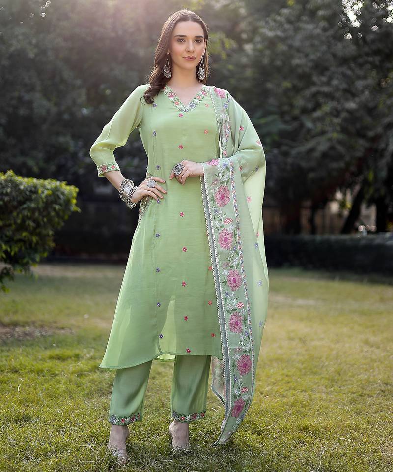 pista green resham embroidery a-line chanderi silk kurta trouser dupatta set