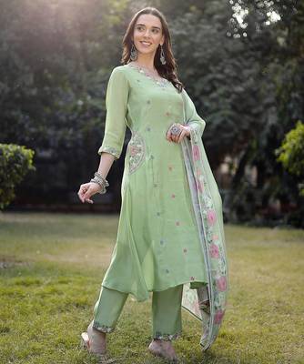 pista green resham embroidery a-line chanderi silk kurta trouser dupatta set 2