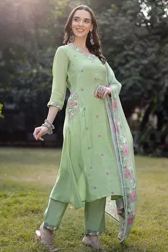 pista green resham embroidery a-line chanderi silk kurta trouser dupatta set