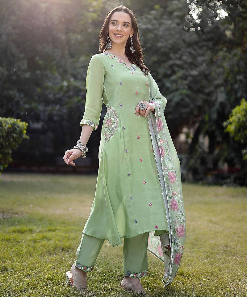 pista green resham embroidery a-line chanderi silk kurta trouser dupatta set