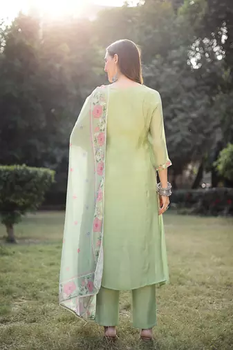 pista green resham embroidery a-line chanderi silk kurta trouser dupatta set