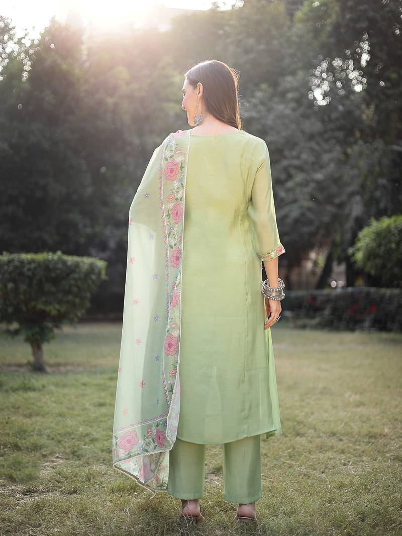 pista green resham embroidery a-line chanderi silk kurta trouser dupatta set