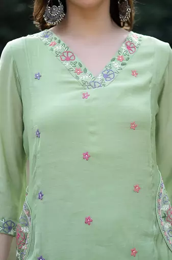 pista green resham embroidery a-line chanderi silk kurta trouser dupatta set