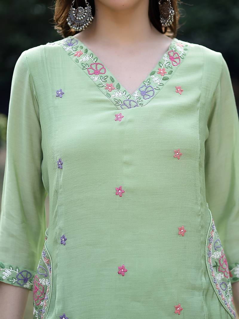 pista green resham embroidery a-line chanderi silk kurta trouser dupatta set