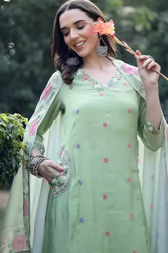 pista green resham embroidery a-line chanderi silk kurta trouser dupatta set