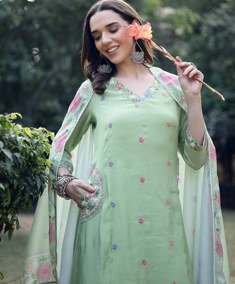 pista green resham embroidery a-line chanderi silk kurta trouser dupatta set