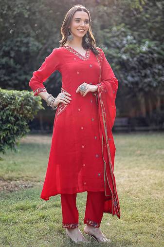 red resham embroidery a-line chanderi silk kurta trouser dupatta set