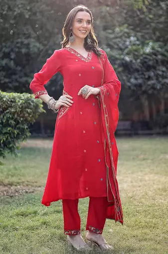 red resham embroidery a-line chanderi silk kurta trouser dupatta set