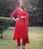 red resham embroidery a-line chanderi silk kurta trouser dupatta set