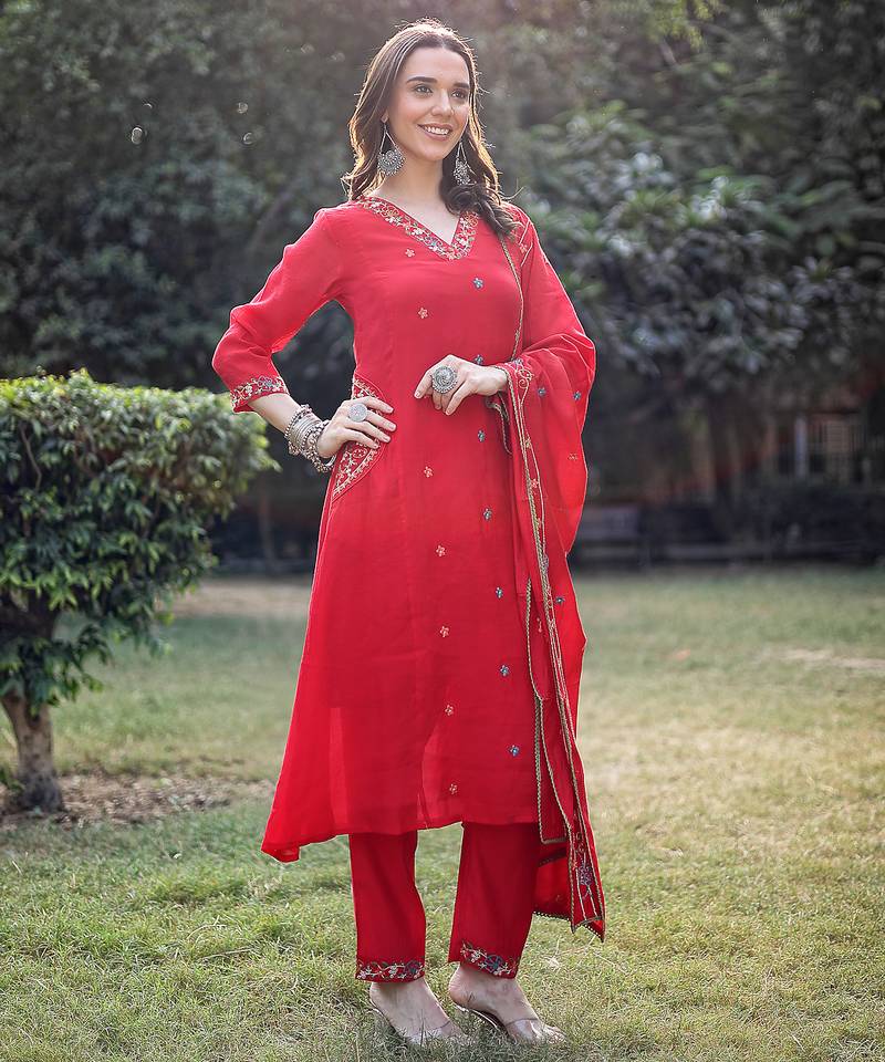 red resham embroidery a-line chanderi silk kurta trouser dupatta set