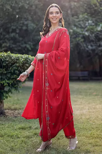 red resham embroidery a-line chanderi silk kurta trouser dupatta set