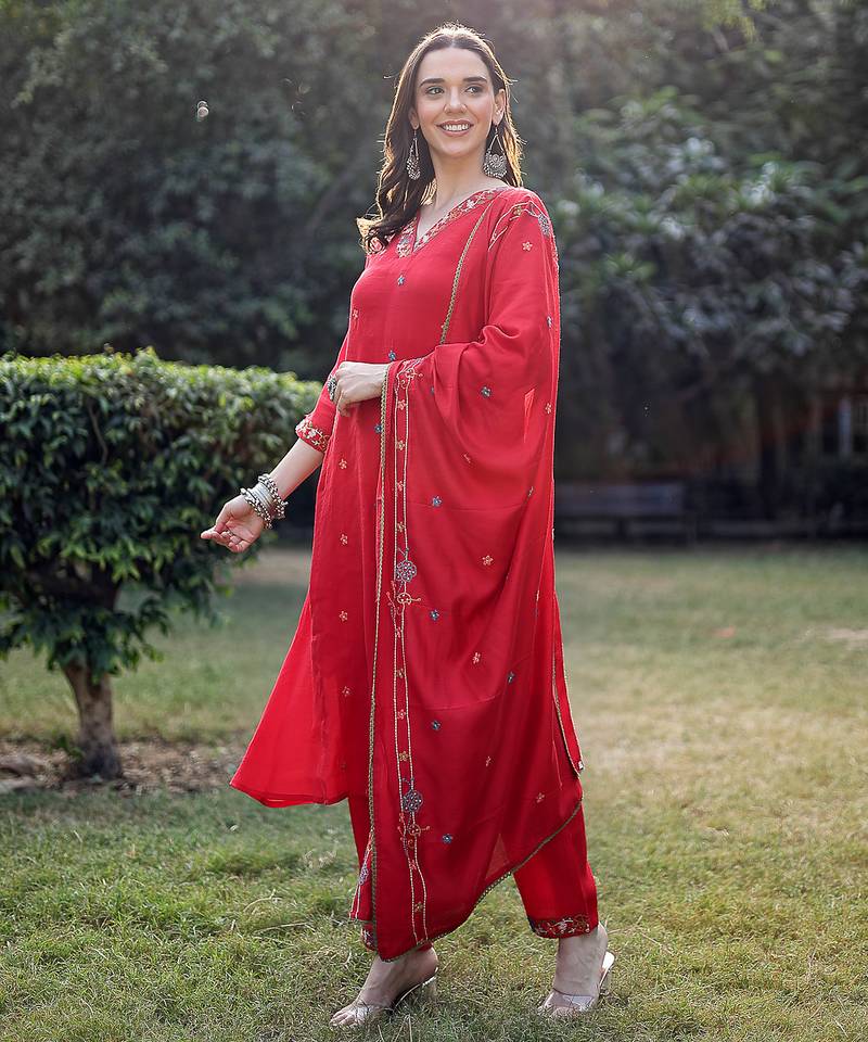 red resham embroidery a-line chanderi silk kurta trouser dupatta set