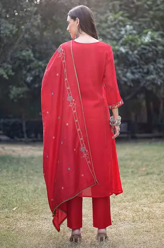 red resham embroidery a-line chanderi silk kurta trouser dupatta set
