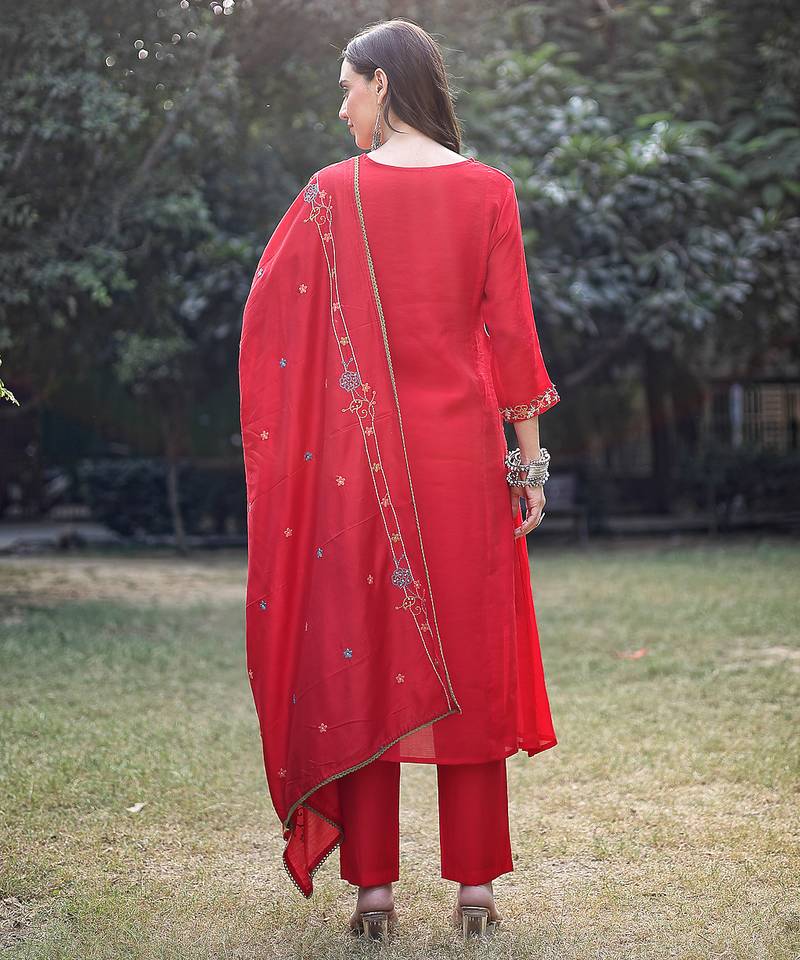 red resham embroidery a-line chanderi silk kurta trouser dupatta set
