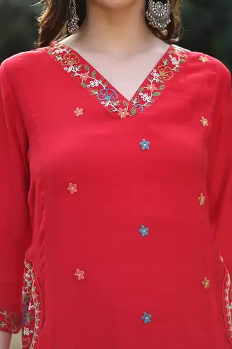 red resham embroidery a-line chanderi silk kurta trouser dupatta set