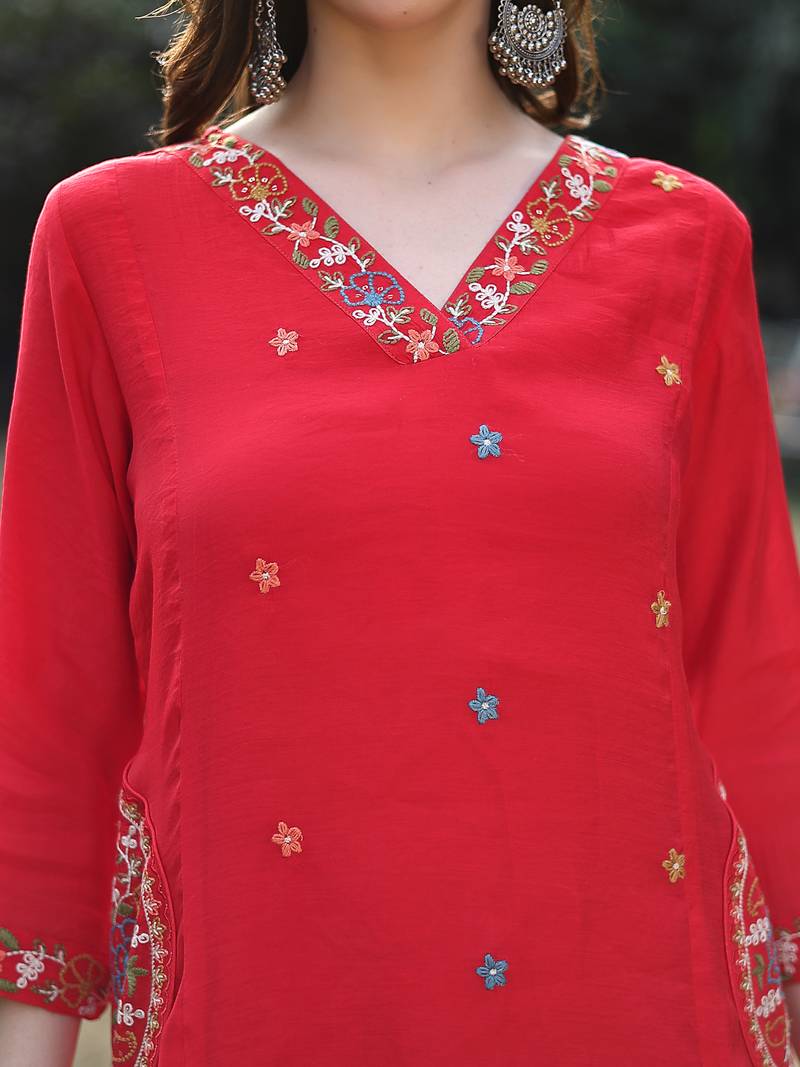 red resham embroidery a-line chanderi silk kurta trouser dupatta set