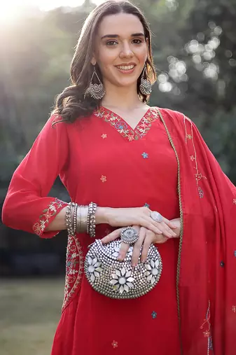 red resham embroidery a-line chanderi silk kurta trouser dupatta set