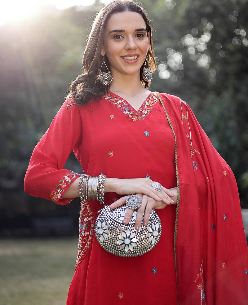 red resham embroidery a-line chanderi silk kurta trouser dupatta set