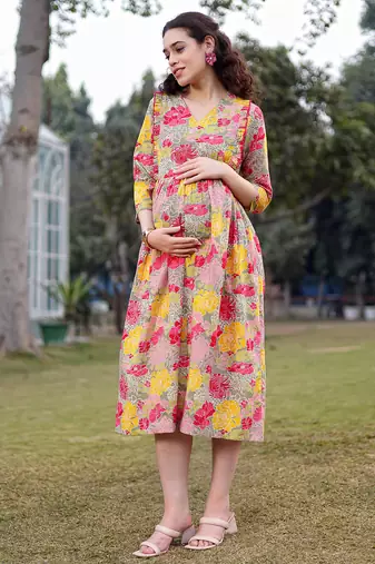  green cotton floral print gathered or pleated materinty dress