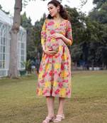  green cotton floral print gathered or pleated materinty dress