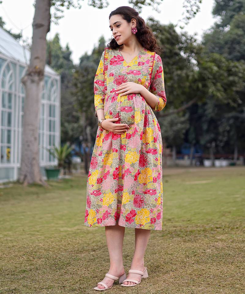  green cotton floral print gathered or pleated materinty dress