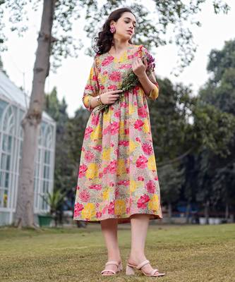  green cotton floral print gathered or pleated materinty dress 2