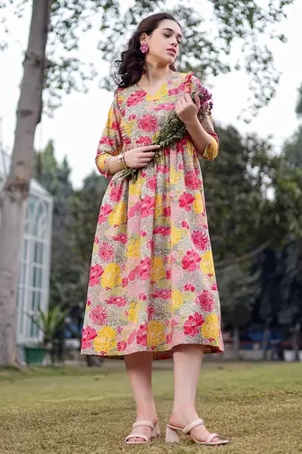  green cotton floral print gathered or pleated materinty dress