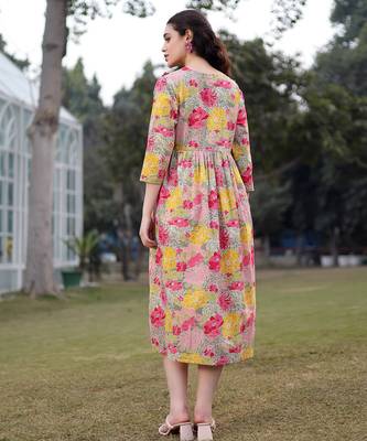  green cotton floral print gathered or pleated materinty dress 3
