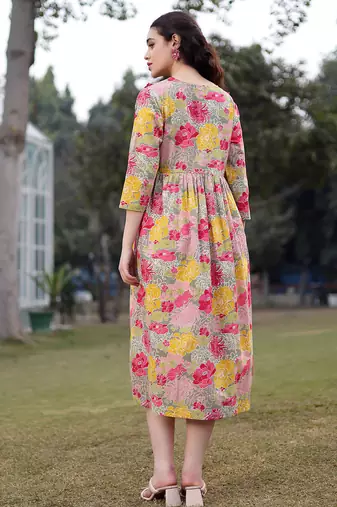  green cotton floral print gathered or pleated materinty dress