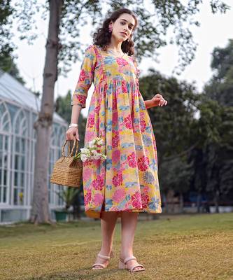  mustard cotton floral print gathered or pleated materinty dress 1