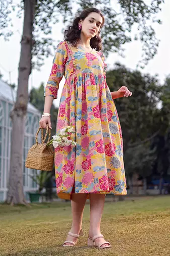  mustard cotton floral print gathered or pleated materinty dress