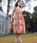  mustard cotton floral print gathered or pleated materinty dress
